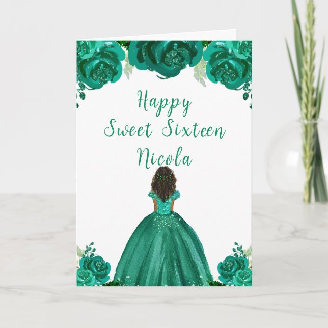 Carte Sweet sixteen vert princesse de peau foncée (Devant)