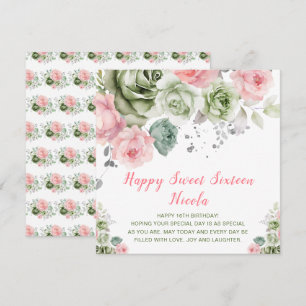 Carte Sweet sixteen vert Sage et rose Floral