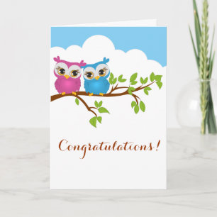 Carte Sweet Twins Owls Boy Girl Baby Greeting Card