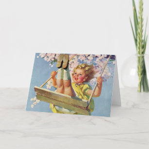 Carte Swing vintage, Fille qui se balancent dans un arbr