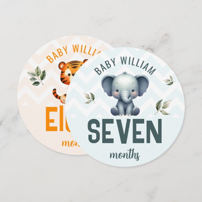 Carte Symbole de Jalon de bébé 7-8 mois Tigre d'éléphant (Devant / Derrière)