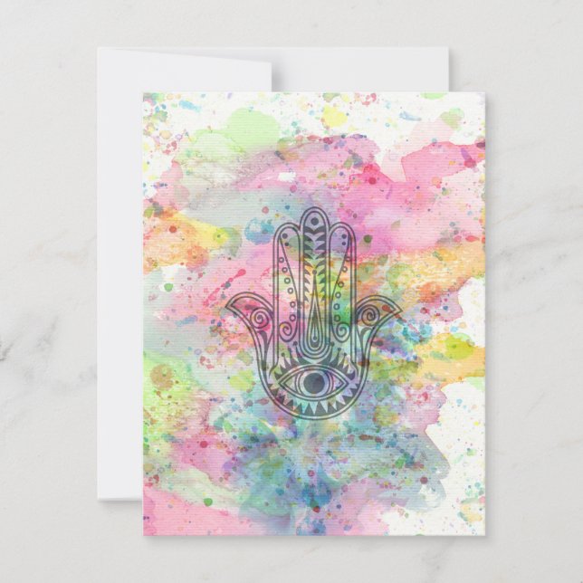 Carte Symbole main HAMSA Aquarelle colorée (Devant)