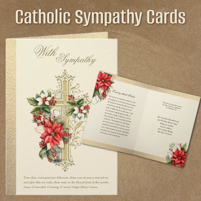 Carte Sympathie de Noël catholique Condolence Poinsettia (Traditional Catholic Christmas Funeral Sympathy Condolence Cards with Cross and Poinsettias)