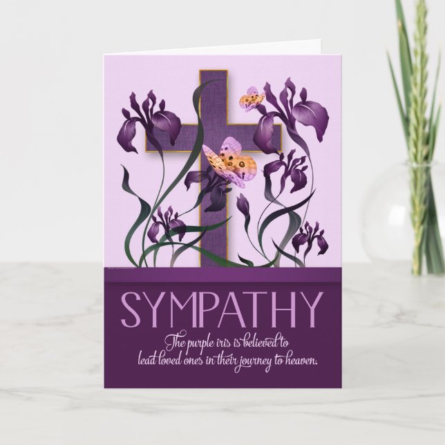 Carte Sympathie religieuse Purple Iris Garden avec croix (Devant)