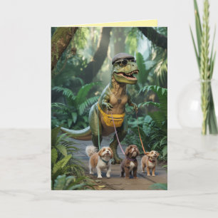 Carte T-Rex promenant le chien