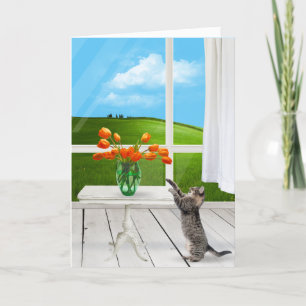 Carte Tabby Chat avec Bouquet de tulipe orange