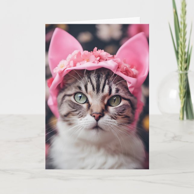 Carte Tabby Chat avec Casquette aux oreilles roses (Devant)