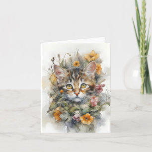 Carte Tabby Gris Chat avec Fleurs Blank Greeting