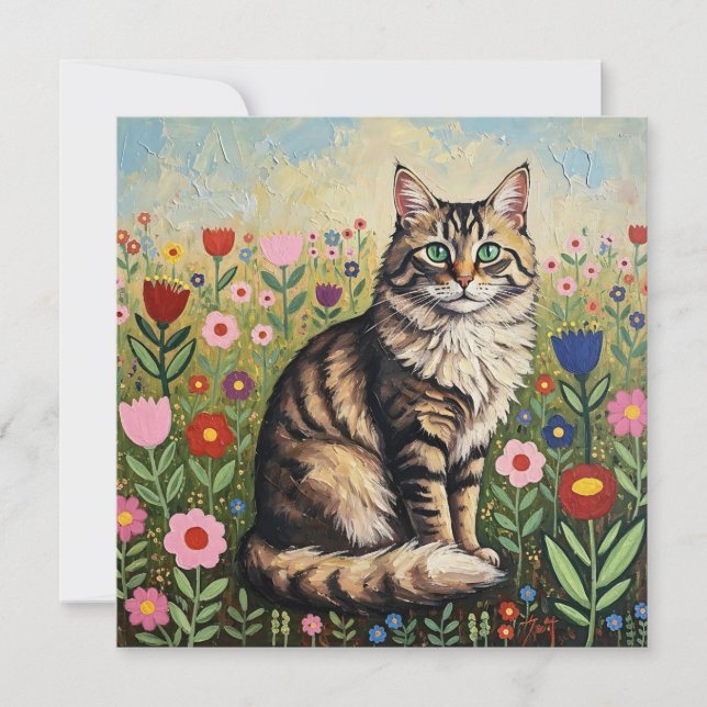 Carte Tabby Gris Fluffy Chat et Fleurs d'Art Folk (Devant)