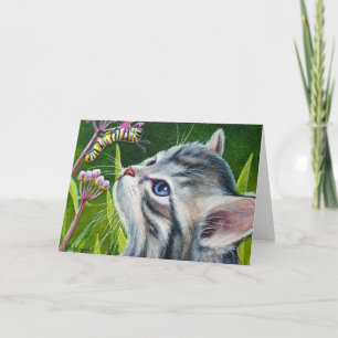 Carte Tabby gris Kitten et Caterpillar Aquarelle Art