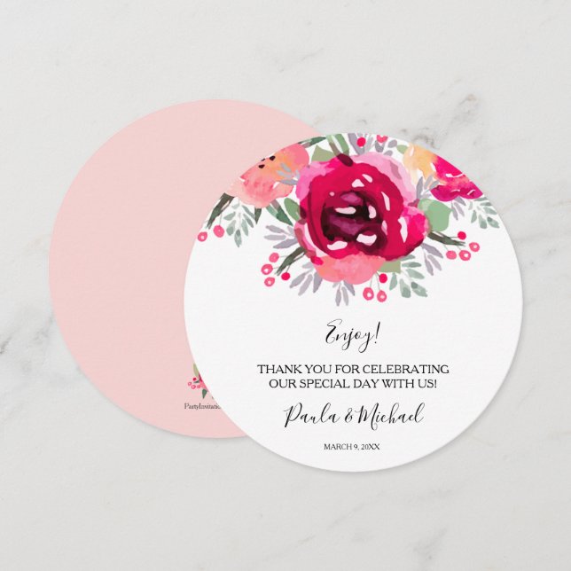 Carte Table ronde Mariage plaque de Merci Floral (Devant / Derrière)