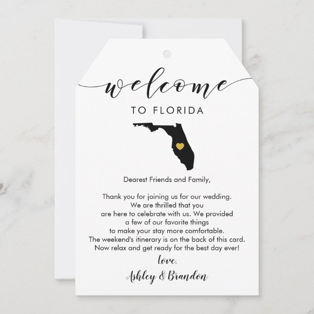 Carte Tag de bienvenue du Mariage de Floride, lettre Iti (Devant)