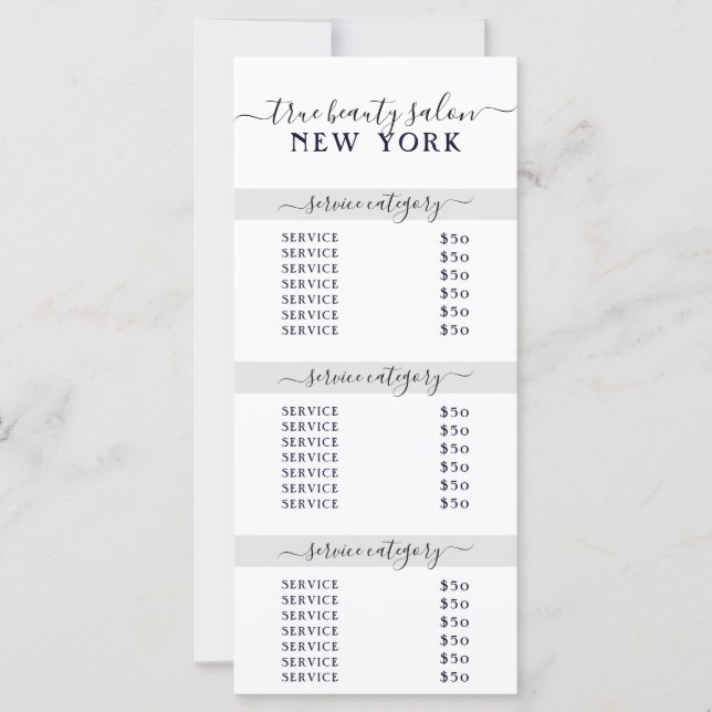 Carte Tarif simple Elegant Salon Blanc Gris (Devant)