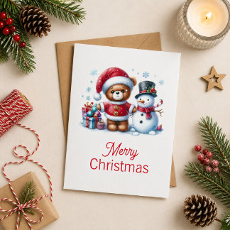 Carte Tarjeta de Navidad con imagen de osito y snowman