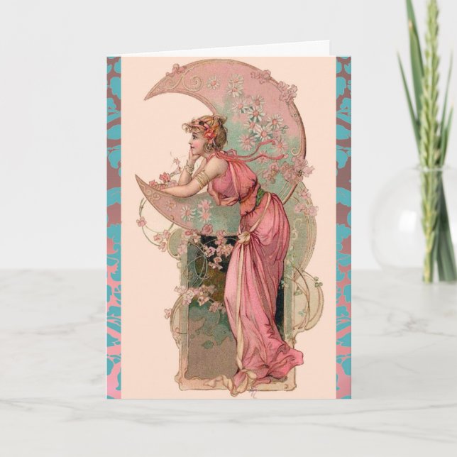 CARTE TAROTS /DAME LUNE,FLEURS,ROSES PINK,DAMAS BLEU (Devant)