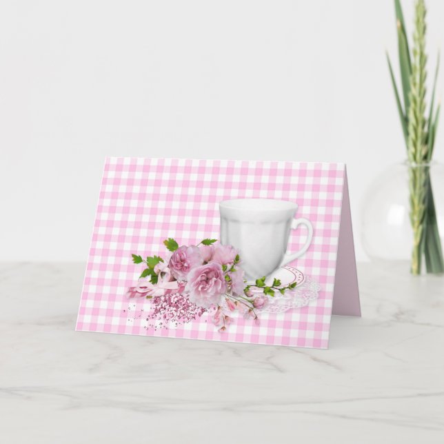 Carte tasse et soucoupe à la pivoine rose (Devant)