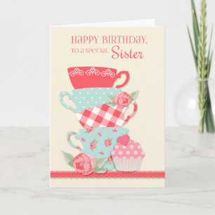Carte Tasses à thé et Roses, Bonne Soeur d'anniversaire