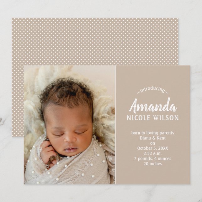 Carte Taupe Baby Photo Annonces de naissance (Devant / Derrière)