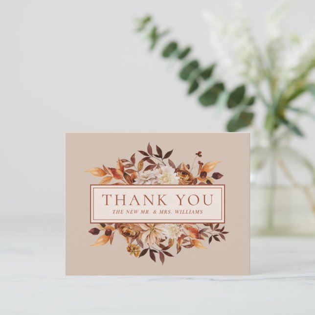 Carte Taupe Fall Terracotta Feuille Merci Floral (Debout devant)