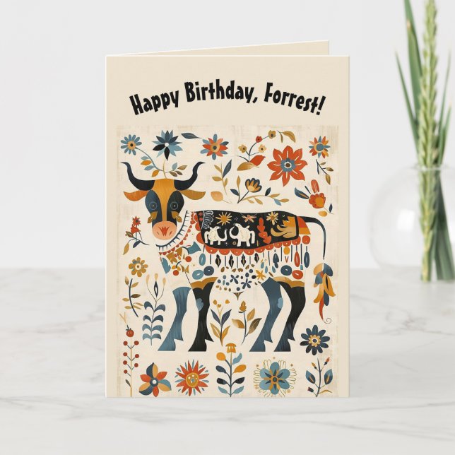 Carte Taureau et fleurs d'art folklorique modifiables (Devant)