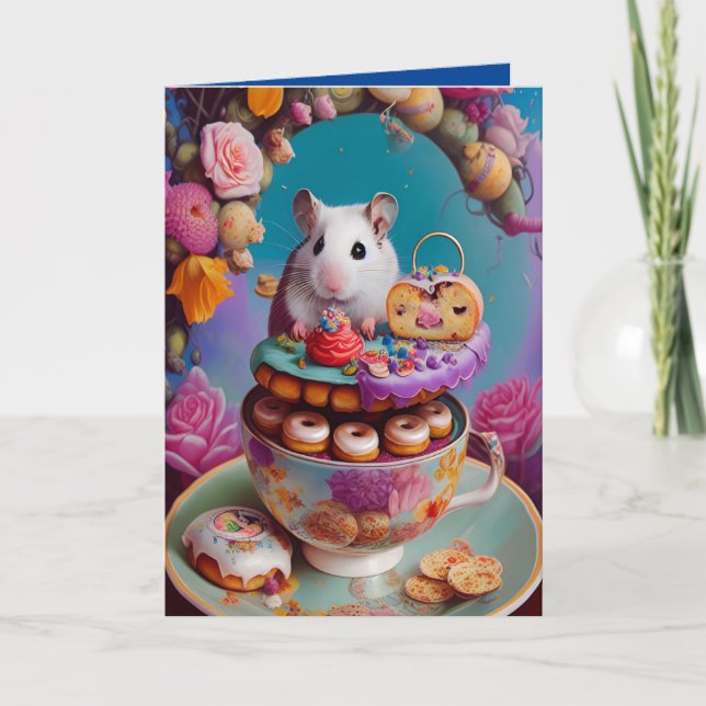 Carte Tea Party de hamster syrien blanc avec beignets (Devant)