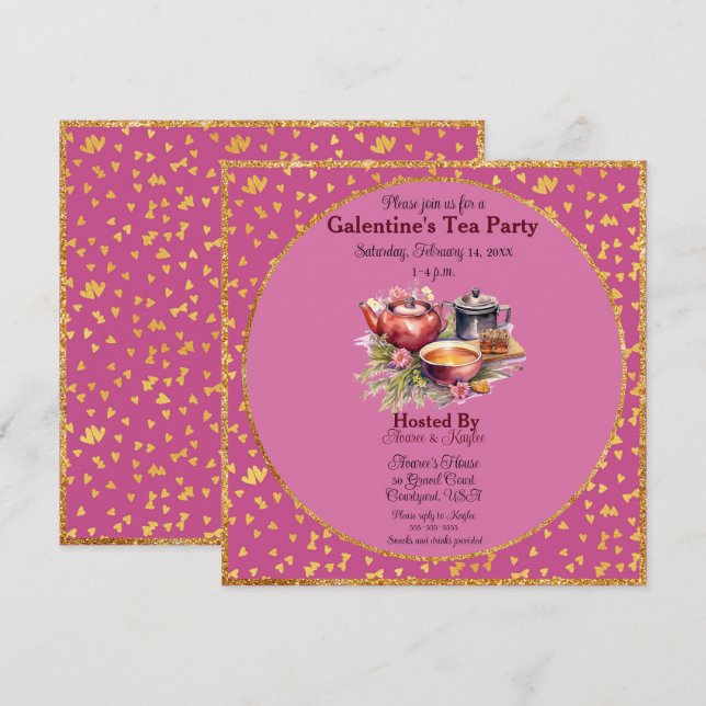 Carte Tea Party de la Saint-Galentin Coeurs rose et or (Devant / Derrière)