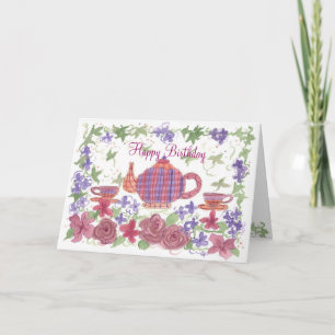 Carte Tea Time Teapot and Flowers Anniversaire Card