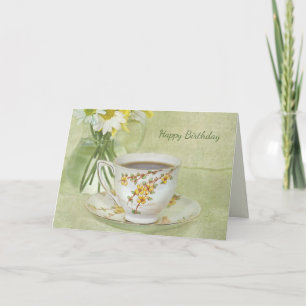 Carte teacup antique d'anniversaire avec bouquet de marg