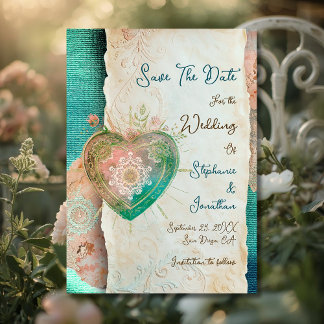Carte Teal Blush Lace Heart Rococo Wedding Save the Date