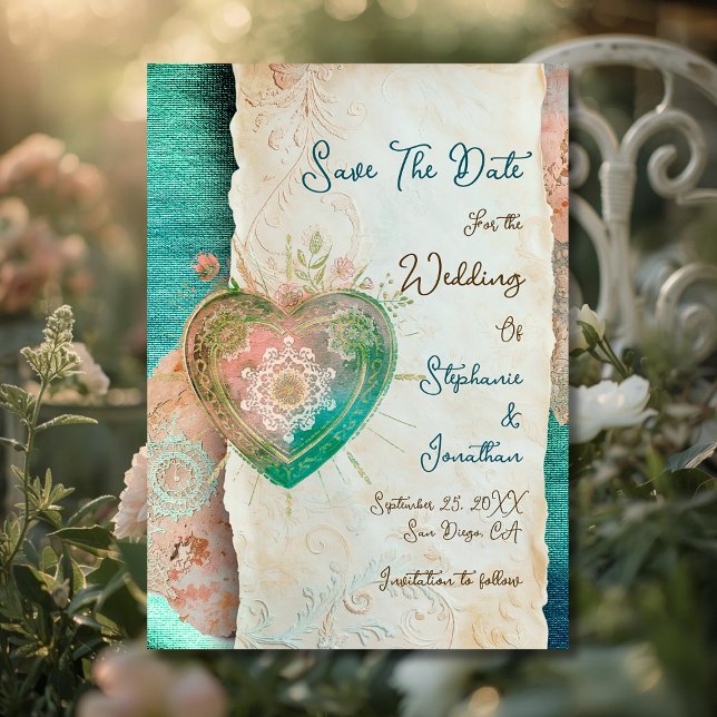 Carte Teal Blush Lace Heart Rococo Wedding Save the Date (Créateur téléchargé)