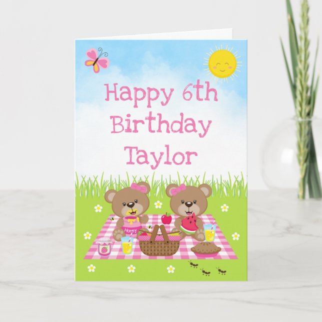 Carte Teddy Bear Pique-nique rose En vichy Joyeux Annive (Devant)
