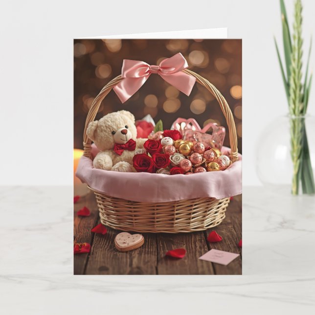 Carte Teddy Rose Basket Romantic Valentine Love Greeting (Devant)