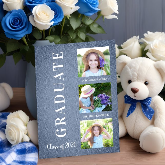 Carte Tejido azul antes de la graduación de K Tres sesio (Pre-K Graduation Simple 3 Photos Blue Fabric Texture Card.)
