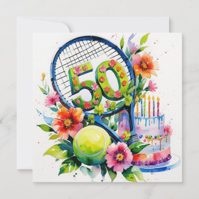 Carte Tennis 50e Anniversaire balle de tennis et nombre (Devant)