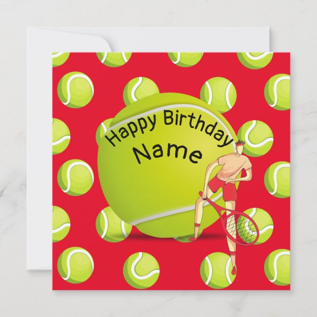 Carte Tennis Anniversaire avec joueur de tennis sur roug (Devant)