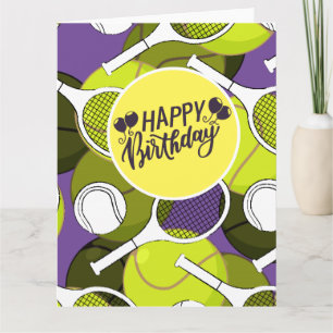 Carte Tennis ball et raquette noir & blanc Anniversaire 