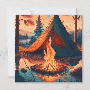 Carte Tente et feu de camp Couleurs Vintages Art