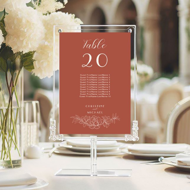 Carte Terracotta Floral Guest Names Mariage Numéro de ta (Terracotta Floral Wedding Table Number with Guest Names, Couple Name, Magnolia Flowers.)