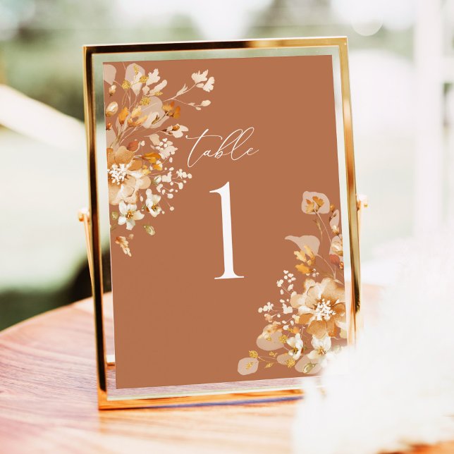 Carte Terracotta Wedding Table Numbers, Floral Elegant (Terracotta floral wedding table number, elegant script in gold frame for reception, burnt orange)