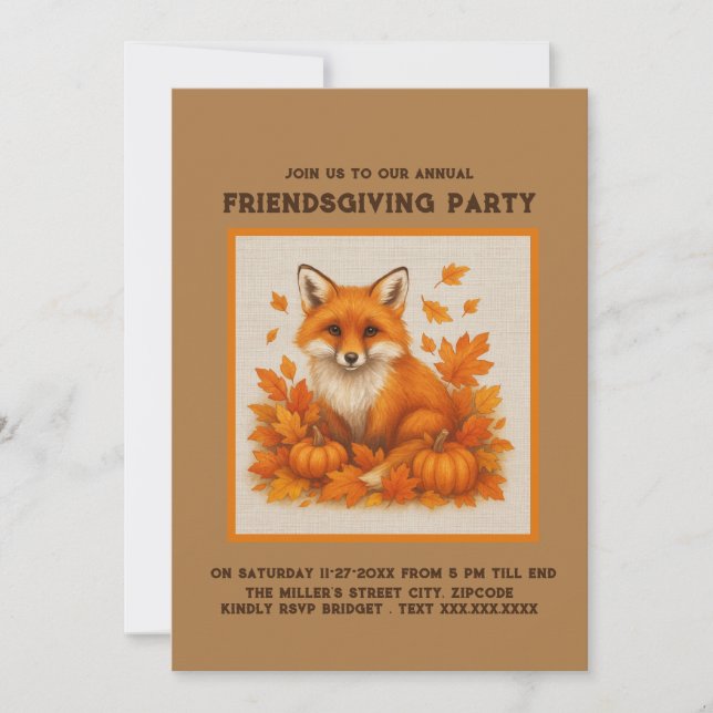 Carte terre cuite rustique Friendsgiving Citrouille Fox  (Devant)
