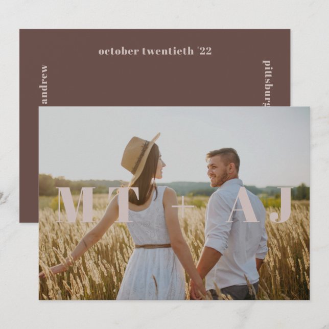 Carte Terre Plum Enregistrer la date Monogramme superpos (Devant / Derrière)