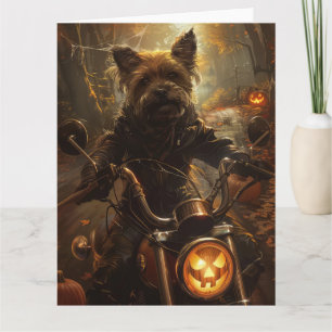 Carte Terrier Australien conduisant une moto Halloween