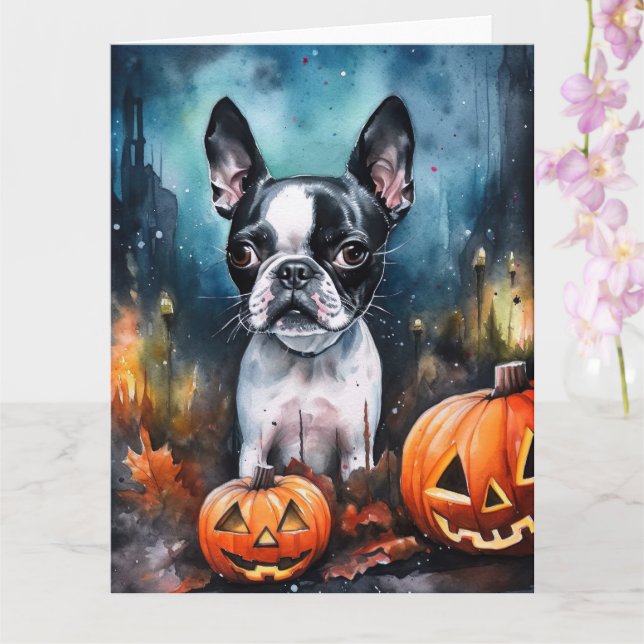 Carte Tête de Boston Terrier Halloween avec des citrouil (Orchidée)