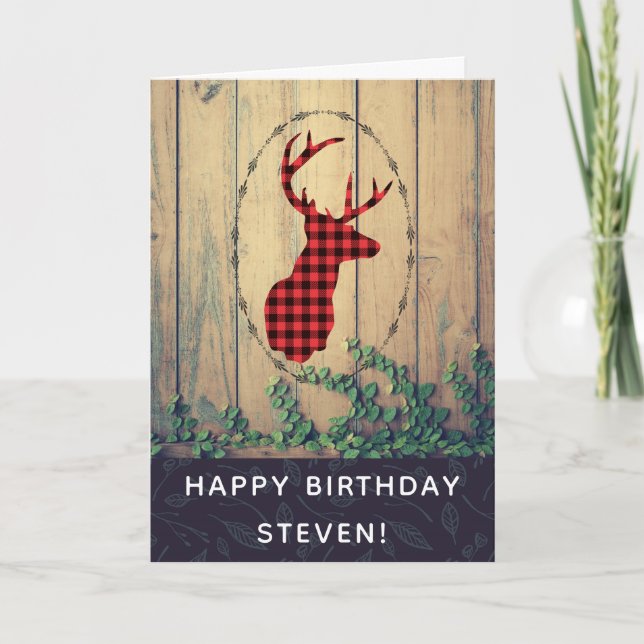 Carte Tête de cerf avec Antlers - Red Plaid Rustic Anniv (Devant)