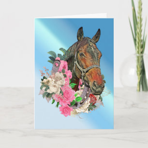 Carte Tête de cheval bai et roses