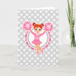 Carte Tête rouge Pom-pom girl rose - Mignonne Cheer