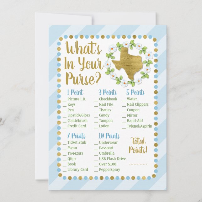 Carte Texas Blue Gold What's In Your Purse Shower Game (Devant)