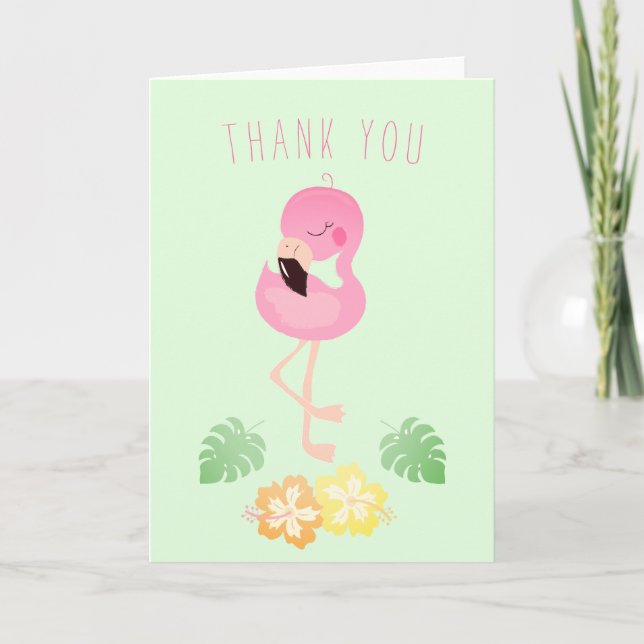 Carte Thank You Flamingo Tropical Leaf Flower Green Pink (Devant)