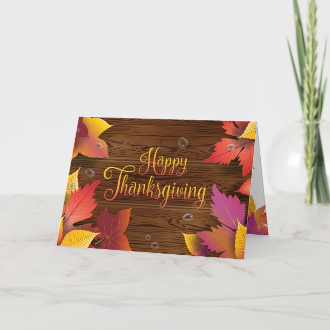 Carte Thanksgiving Holiday Fall Gold Maple Feuilles Wood (Devant)