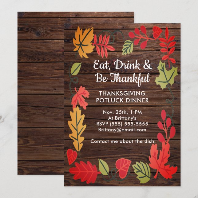 Carte Thanksgiving Potluck Diner Dark Brown Wood Invitat (Devant / Derrière)